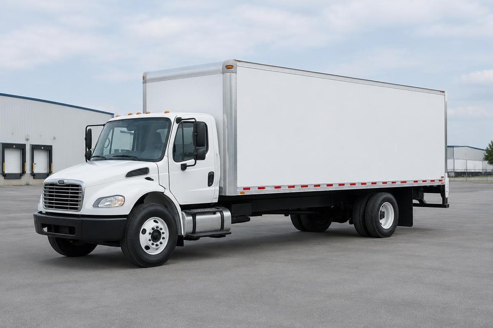White straight truck with an enclosed 26-foot cargo box