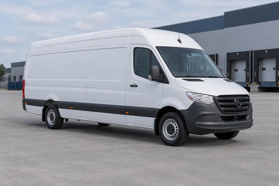 White high-roof cargo van parked at a freight facility