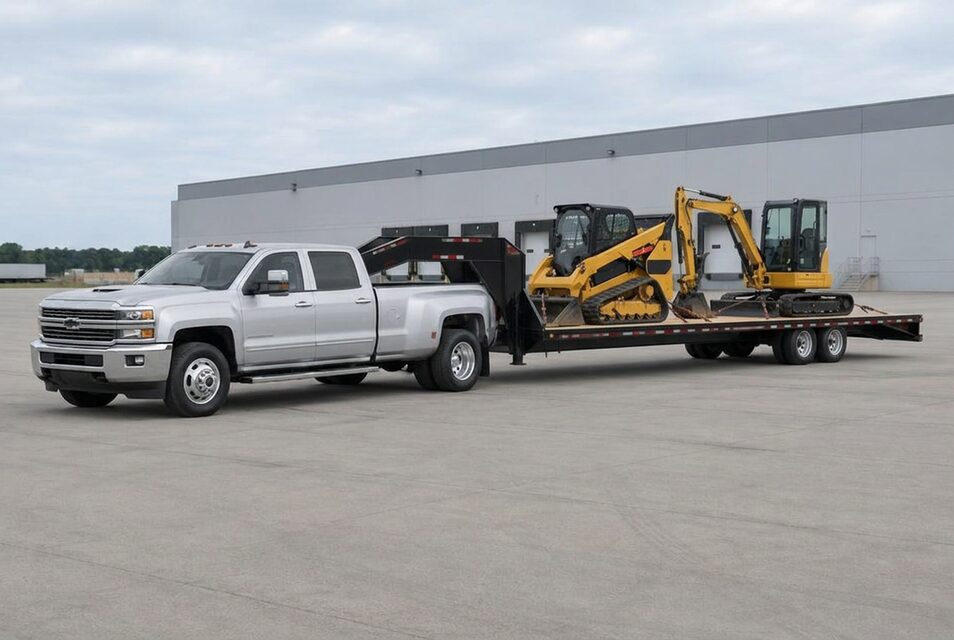 Heavy-duty pickup towing a loaded gooseneck flatbed hotshot trailer with a chained-down skid steer and mini excavator